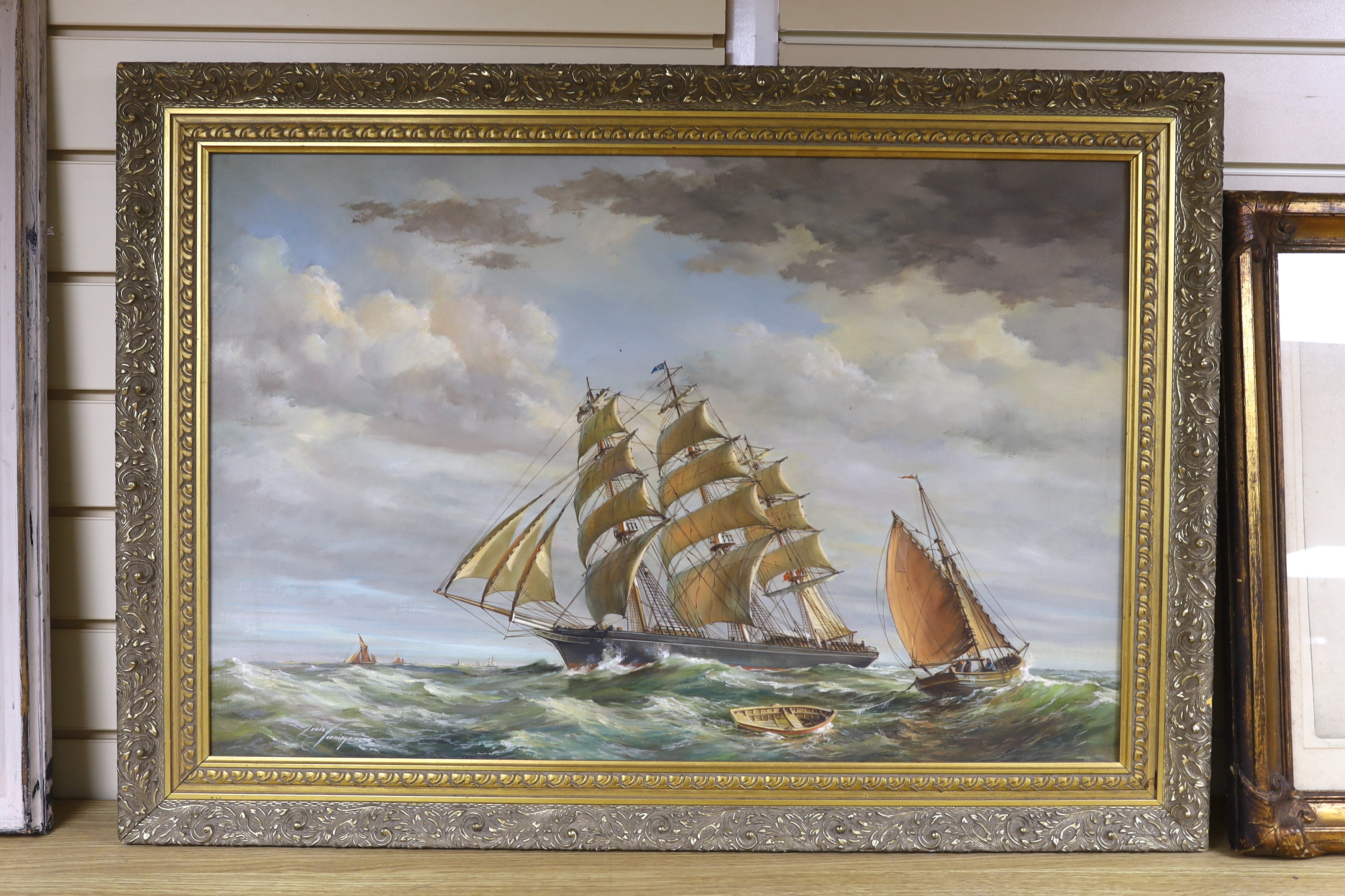 Louis Jennings (1919-2018), Maritime oil on canvas, Naval ships at sea, signed, 49 x 75cm